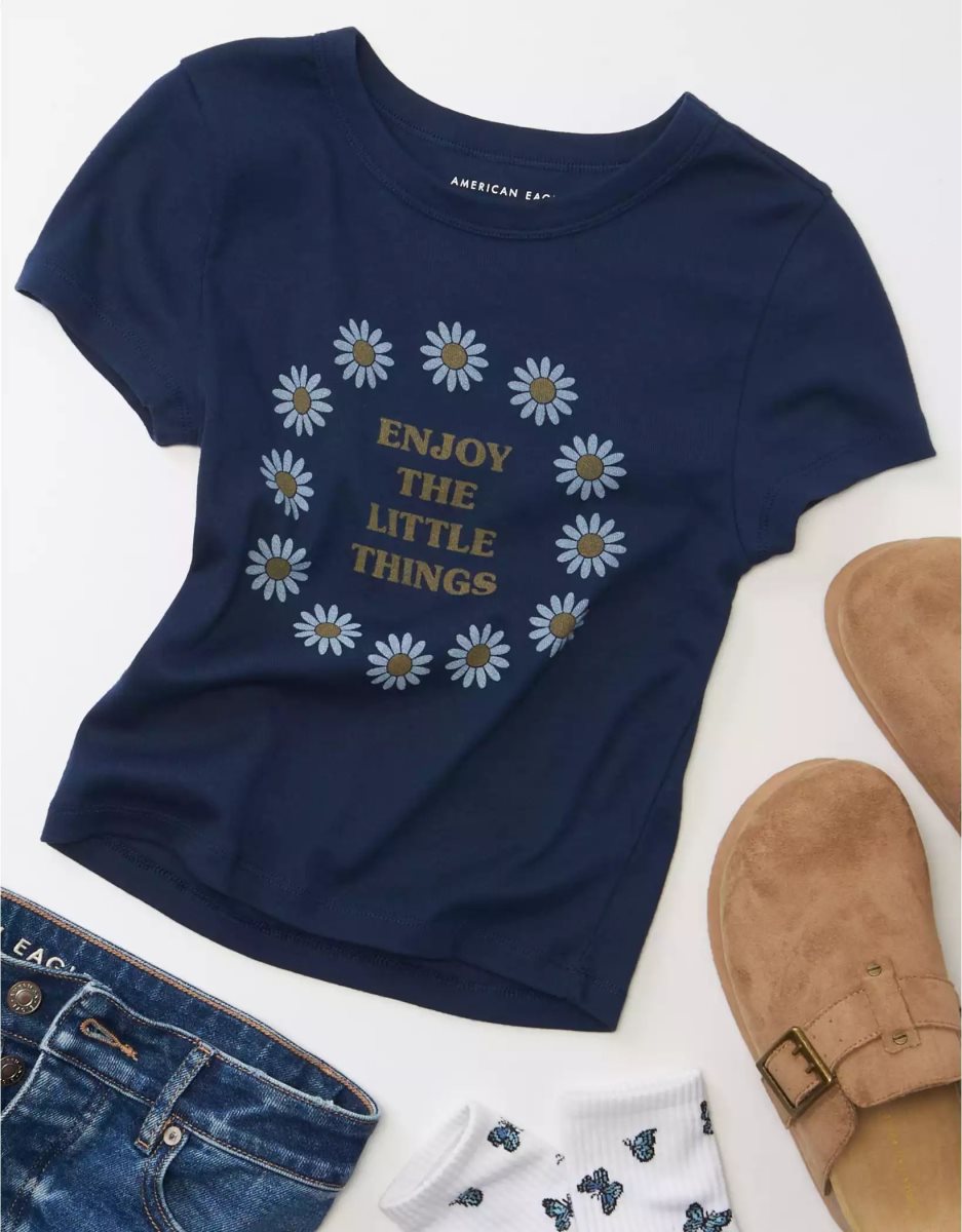 T Shirts American Eagle AE Hey Baby Tee Bleu Marine Femme | YJO-15860620